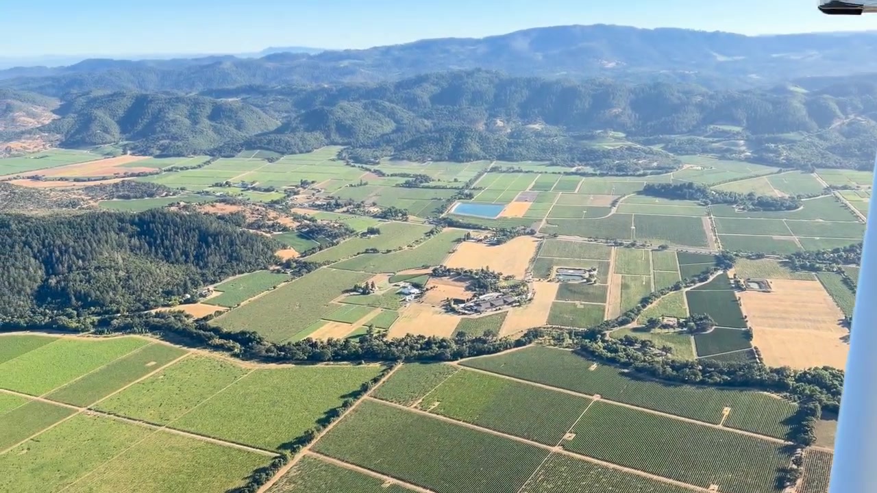Aerial view of Napa Valley vineyards and surrounding hills